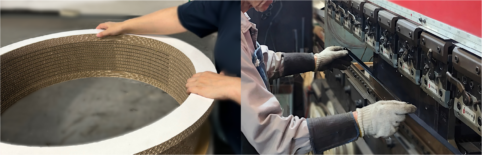 高強度の段ボール素材を加工している様子